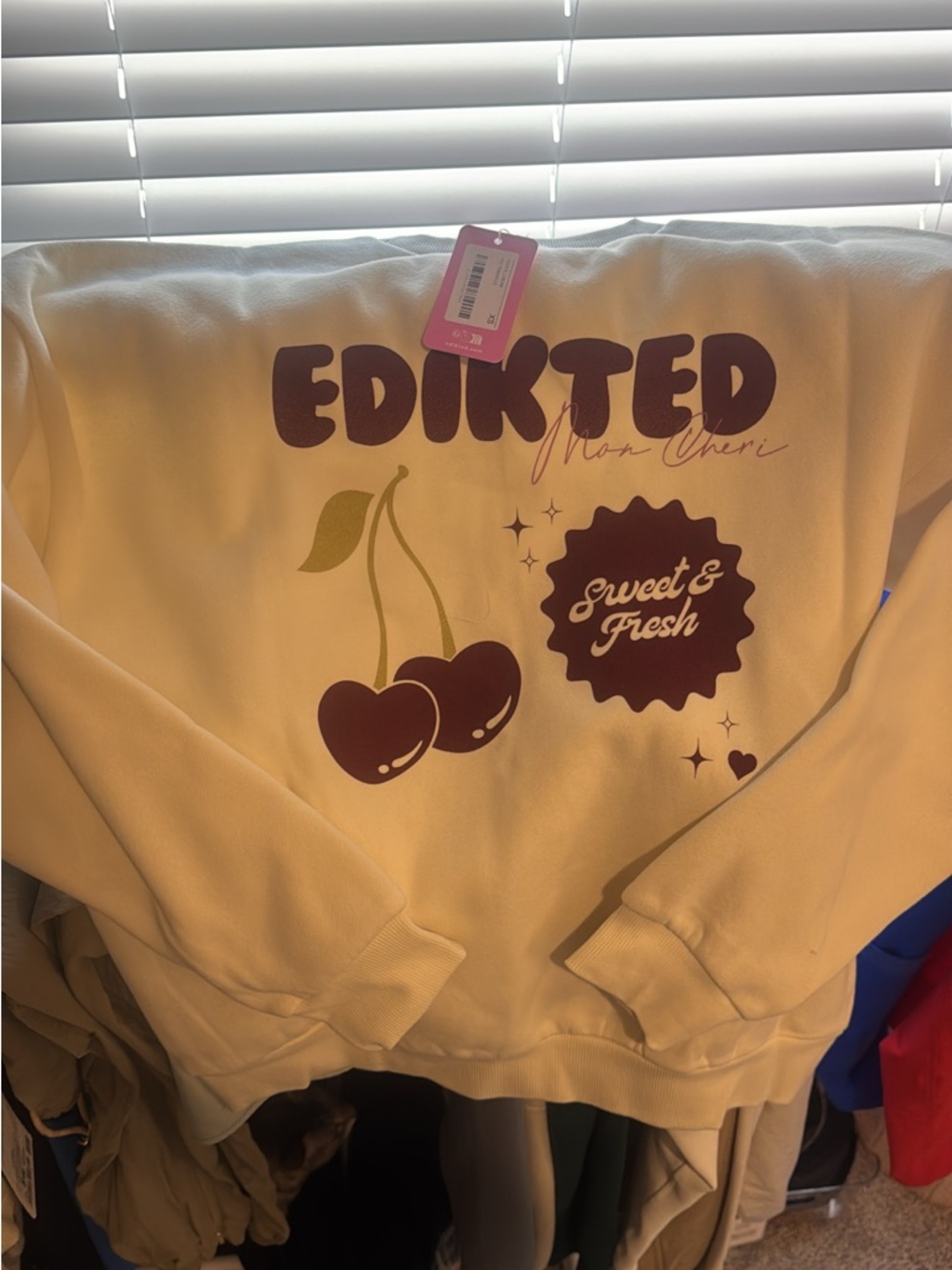 Edikted Cream Sweatshirt with Burgundy Cherry Graphic
